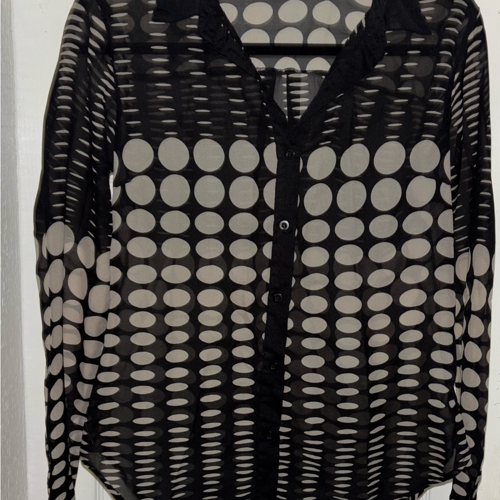 Chic Black & Cream Sheer Polka Dot Blouse | Wet Seal | Size Medium